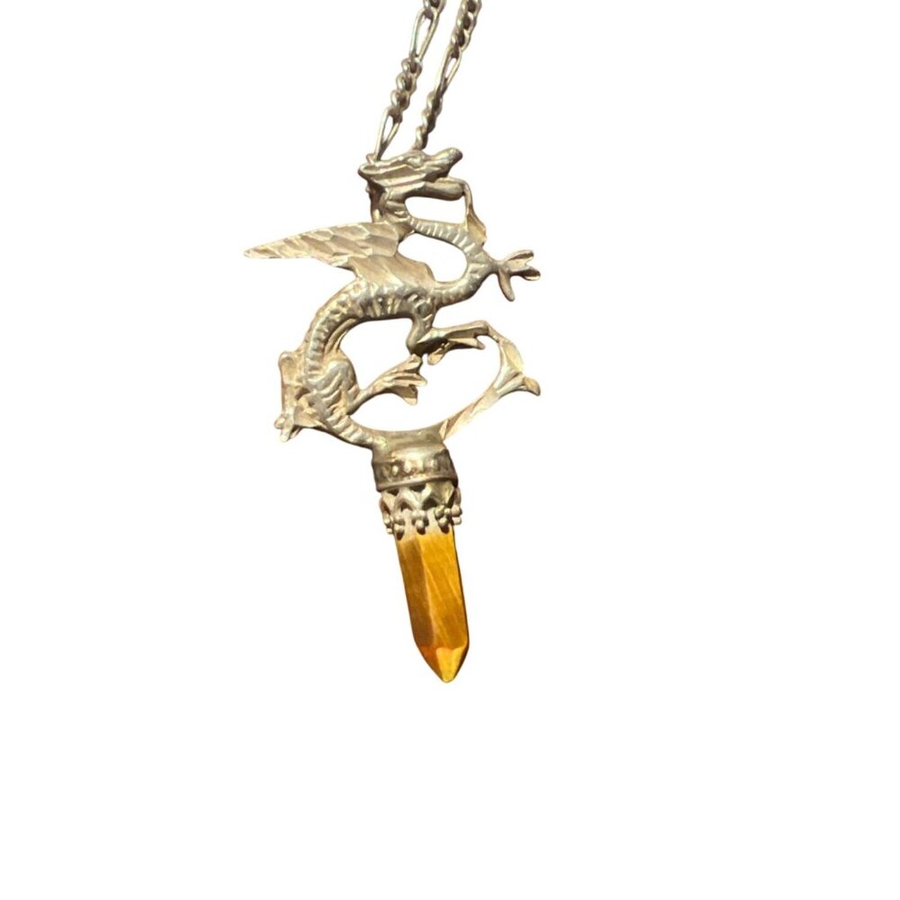 Sterling Silver 925 Dragon Pendant Necklace With Amber-Colored Crystal &  Chain‎